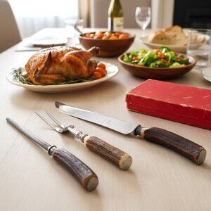VINTAGE CARVERS SHEFFIELD Staghorn Carving Set  Knife Fork Sharpener Horn Handle